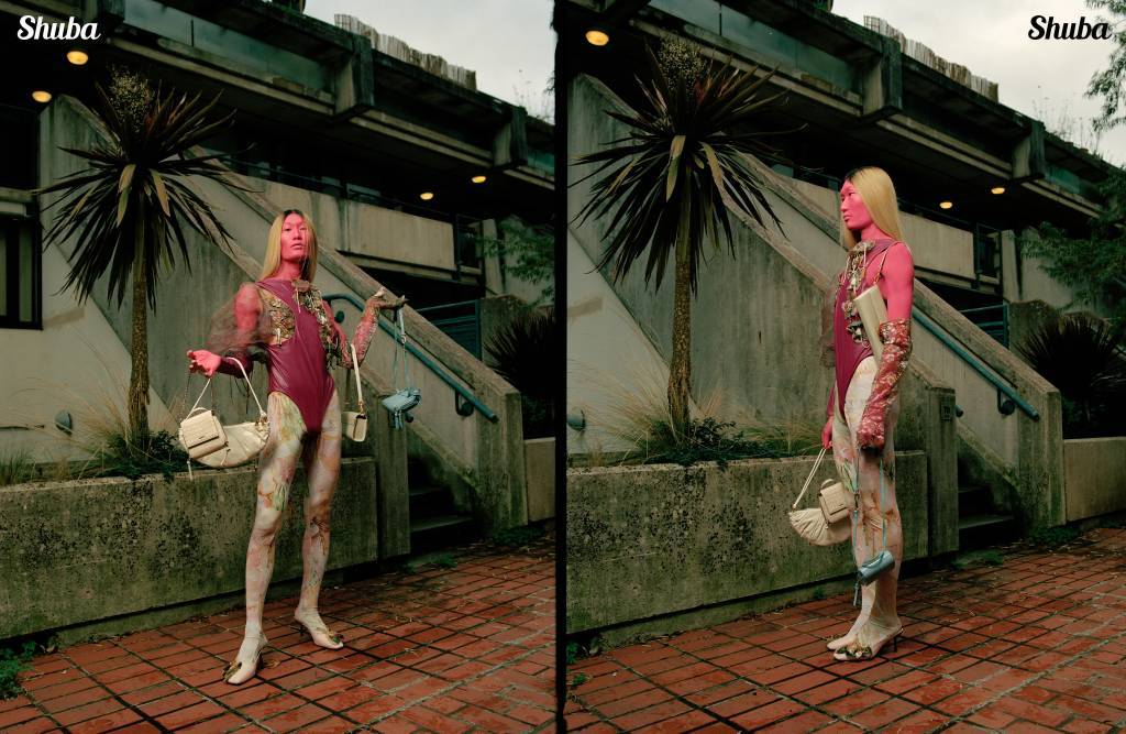 Model showcasing latex-adorned leotard by Lorena Pipenco