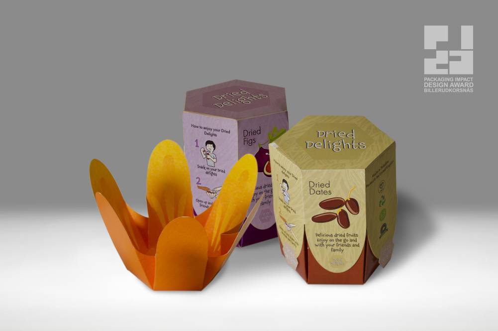 Hexagonal shaped packaging with a base that folds out into a flower-shaped bowl with six petals
