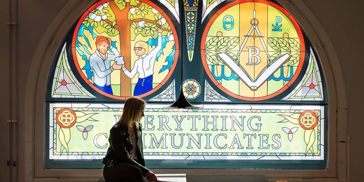 Stained glass window at berghs school of communication