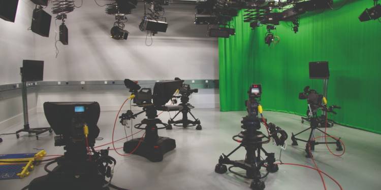 Digital TV Production camera TV studio with lighting rig