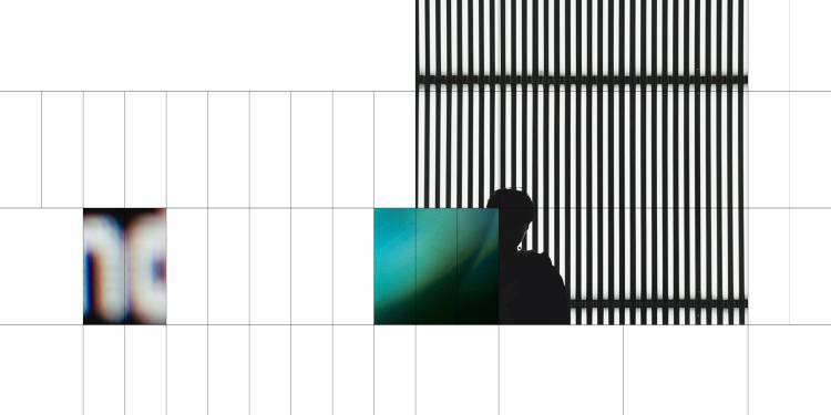 a silhouette of a person overlaid by black vertical lines