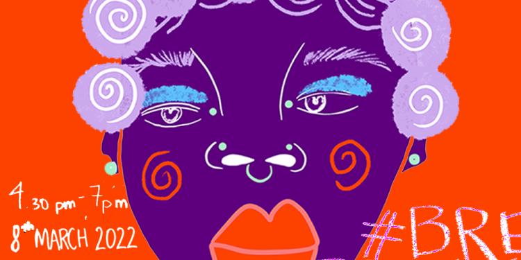 Red Background with purple woman with curly hair illustrated in the foreground, with Break the bias graffitied over the top.