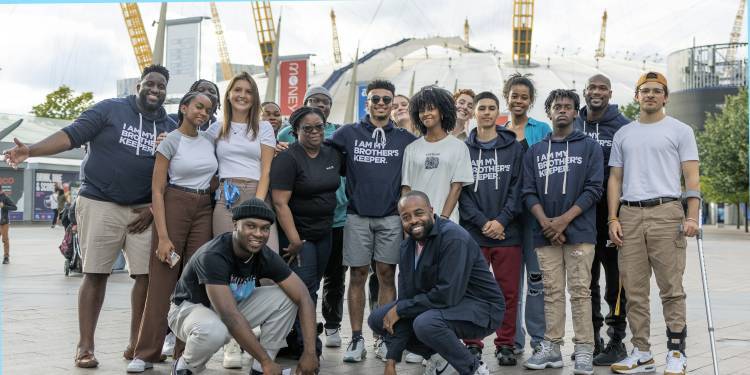US and Ravensbourne students pose together on Greenwich Peninsula, London