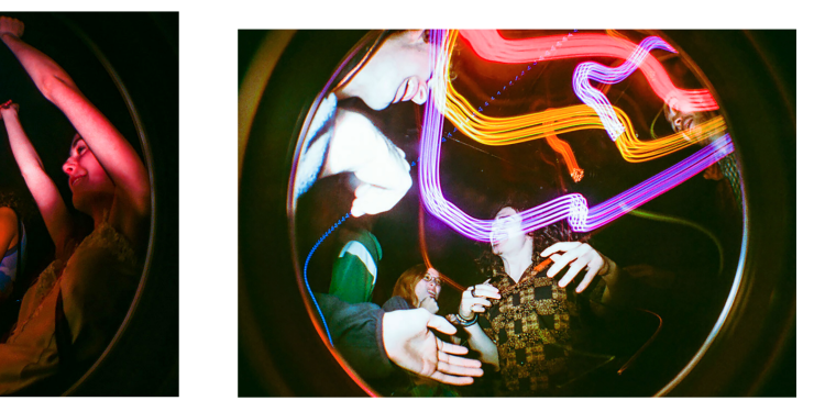 Fish eye photographs showing people and streams of coloured light