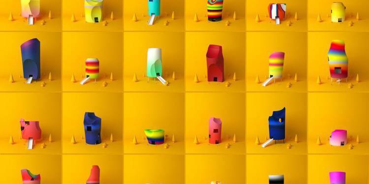 digital sculptures in bright colours on a yellowbackground