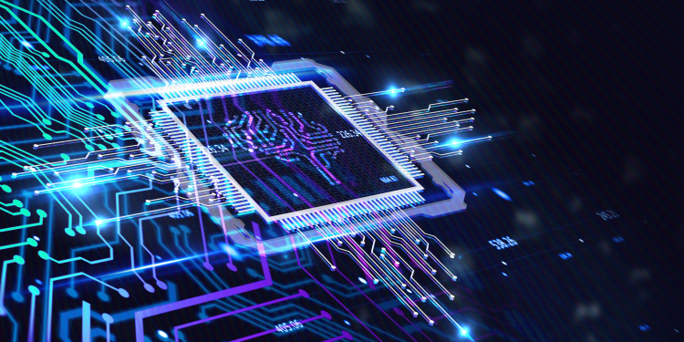 A digital circuit board image coalesces into the shape of a brain