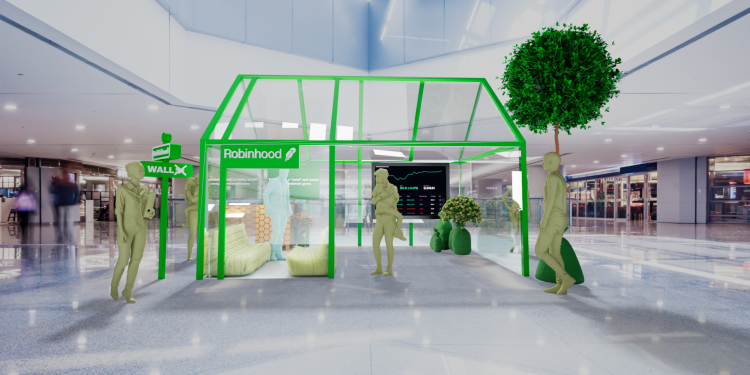 A render of a bright, eye-catching popup store in a shopping mall