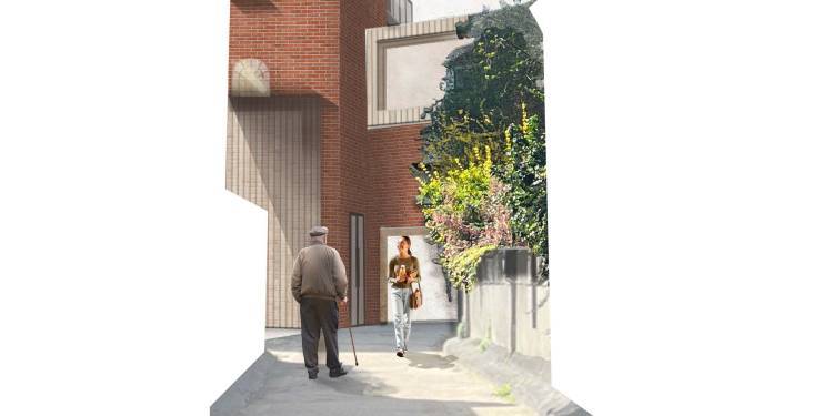 Architecture design plan depicting a narrow street leading to a red brick building