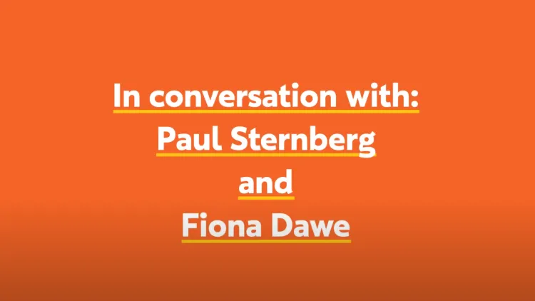Text on orange background introducing In Conversation video with Fiona Dawe
