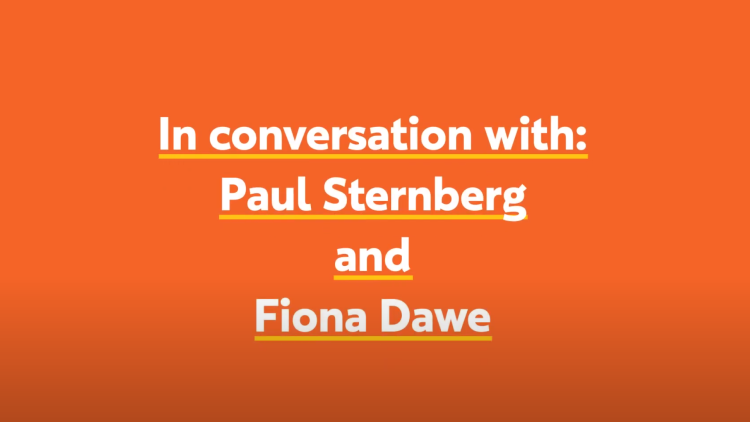 Text on orange background introducing In Conversation video with Fiona Dawe
