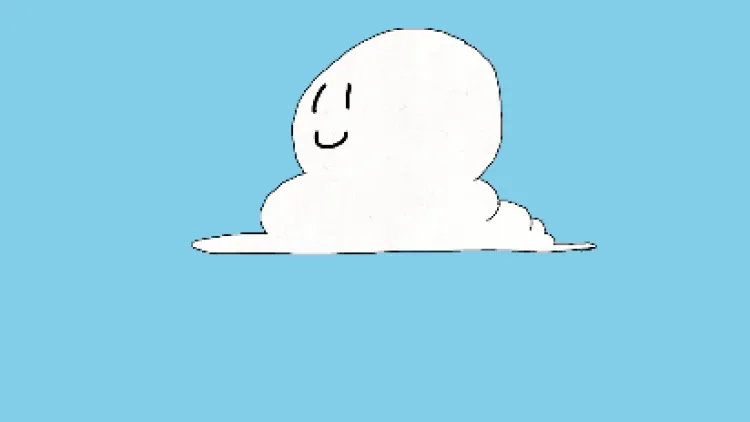 animated cloud sitting on a sky blue background.