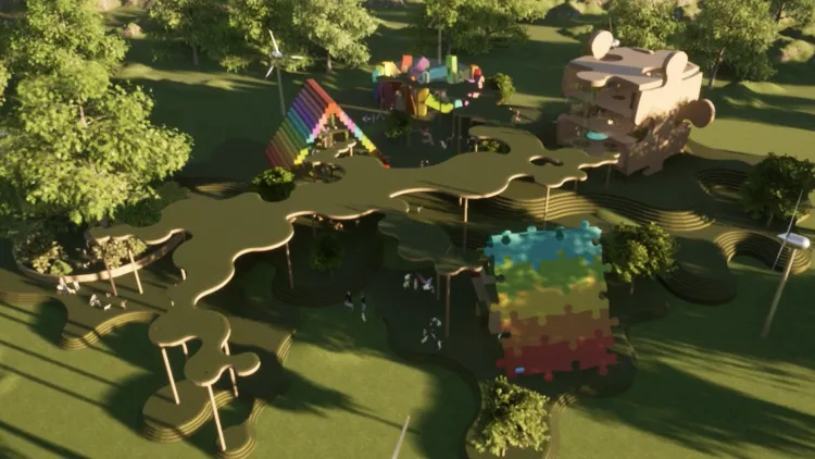 an aerial shot of a green park land with a wooden construct in the center