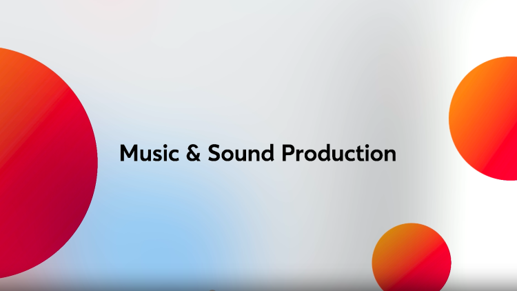 Black text reads 'music and sound Production' with orange blobs
