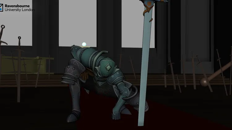 Student-created animation scene showing a figure bending in a dramatic, low-light interior setting