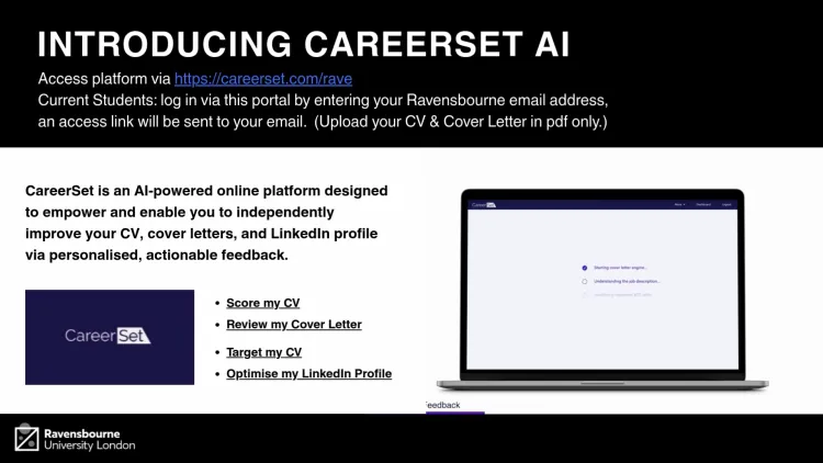 Guidance poster on how to use Careerset tool for  Ravensbourne University students