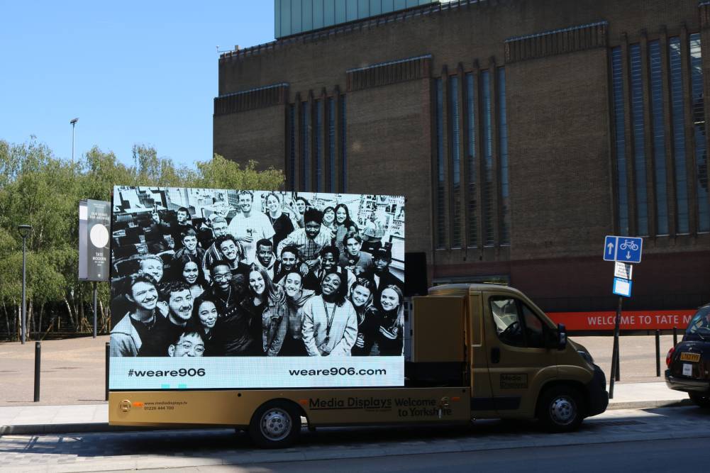 Advertising and Brand Design students on mobile exhibition by the Tate Britain