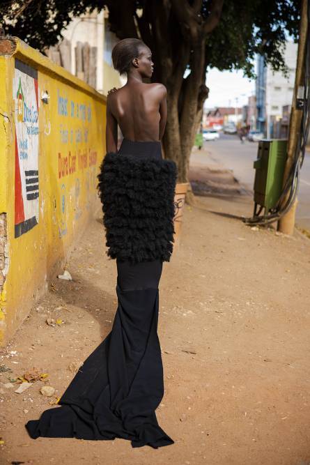 Ugandan model wears a dress designed by Lamula Nassuna