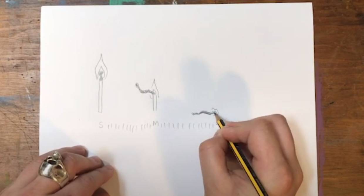 a persons hand using a pencil to sketch out an animation of a match burning