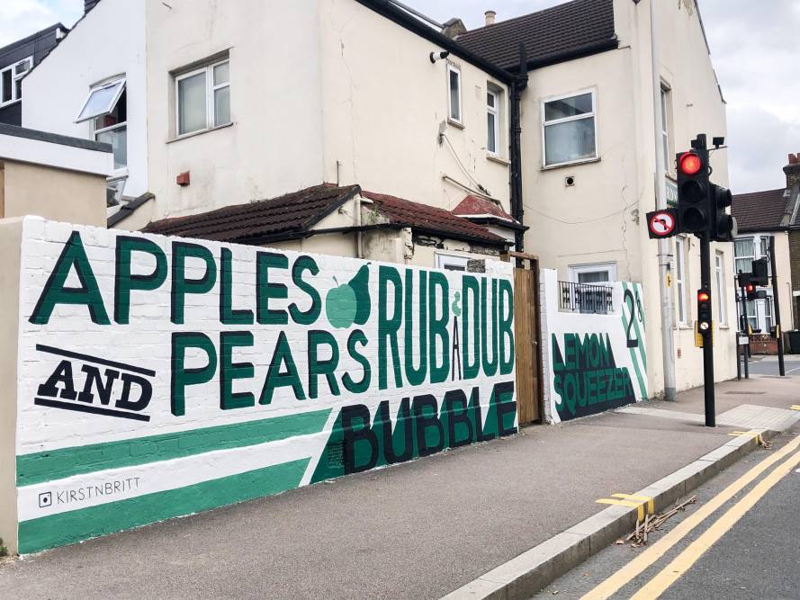 Cockney rhyming slang designs on a wall mural 