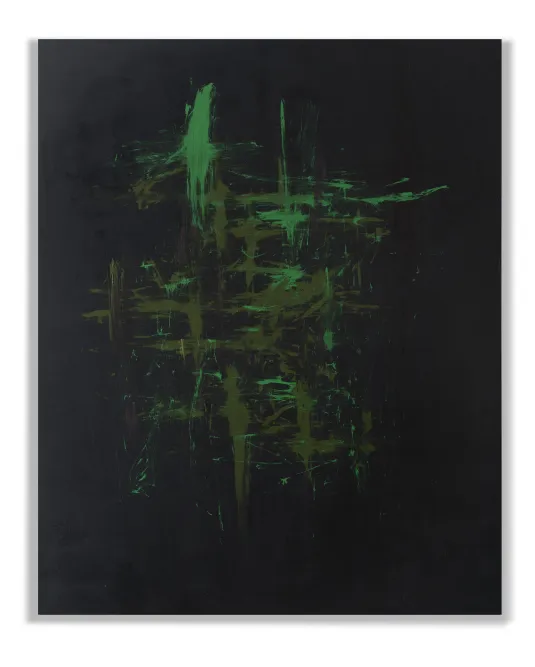 A black canvas with green paint strokes
