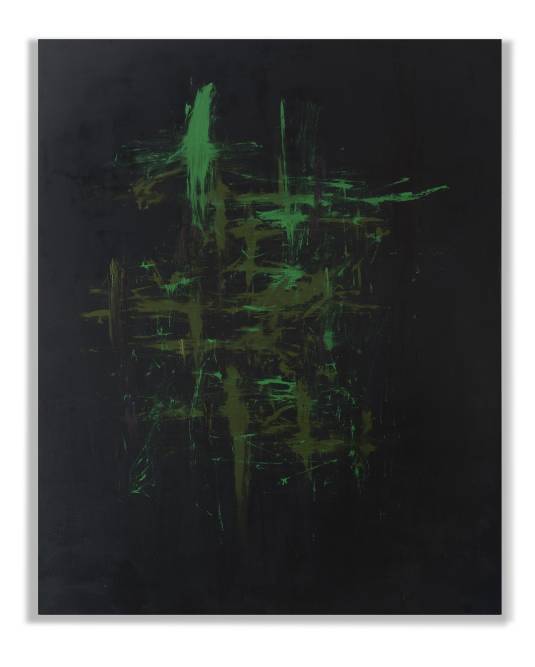 A black canvas with green paint strokes