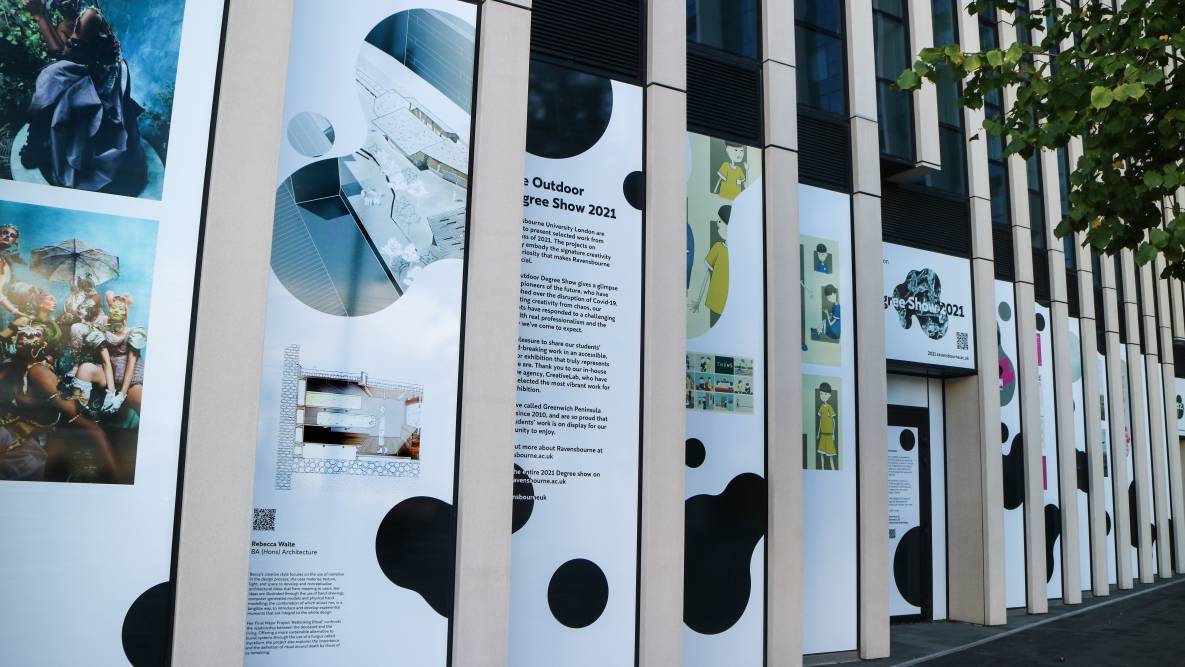 Students' work is displayed on the Ravensbourne building