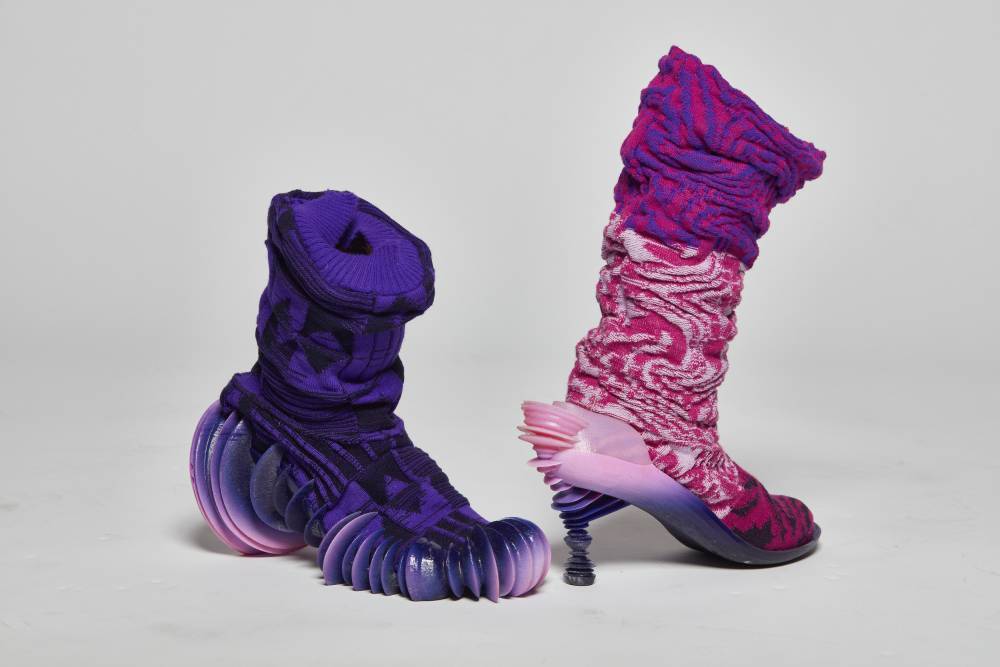 A promo shot showing two distinctive shoes from Edwina Arthur's collection
