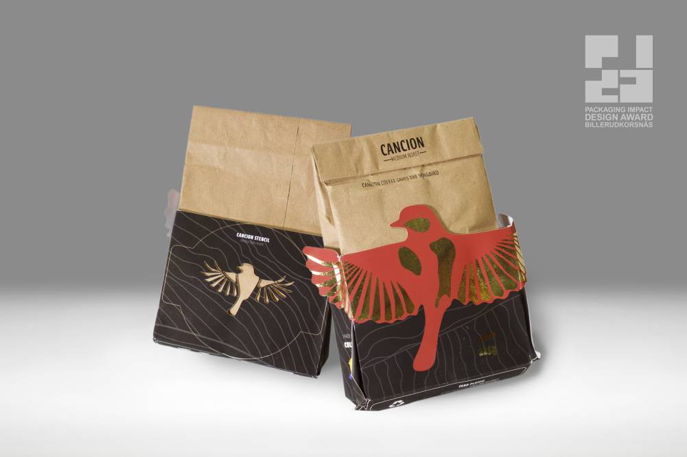 Paper bag packaging with a cardboard base featuring a shining songbird with outstretched wings
