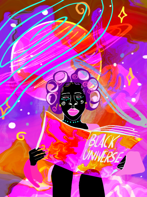Illustration with figure against a pink background reading book entitled Black Universe