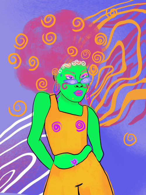 Illustrated green female figure against colourful swirling background