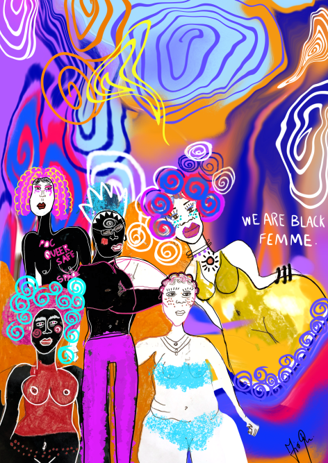 Illustrated female figures against a colourful background with writing reading WE ARE BLACK FEMME