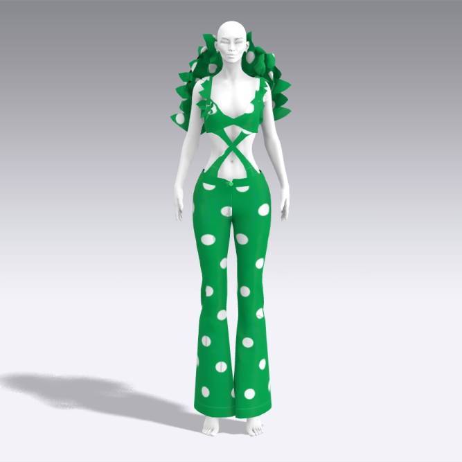 Digital fashion design shows model wearing green cut out body suit