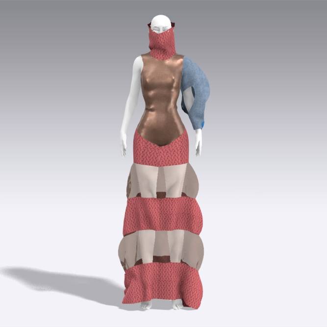 Digital fashion model wears bronze and pink dress