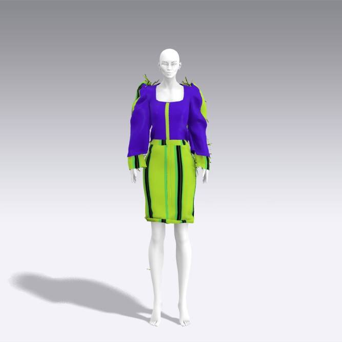 Digital fashion model wears green and purple and outfit