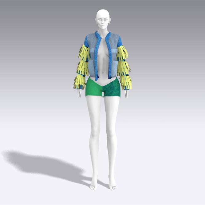 Digital Fashion model wears yellow and blue shirt and green shorts