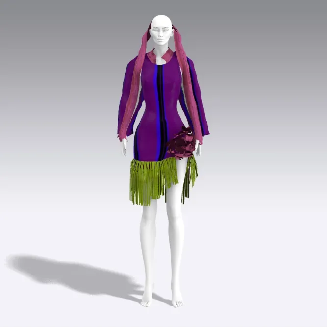 Digital fashion model wears purple dress with green fringe detail at bottom