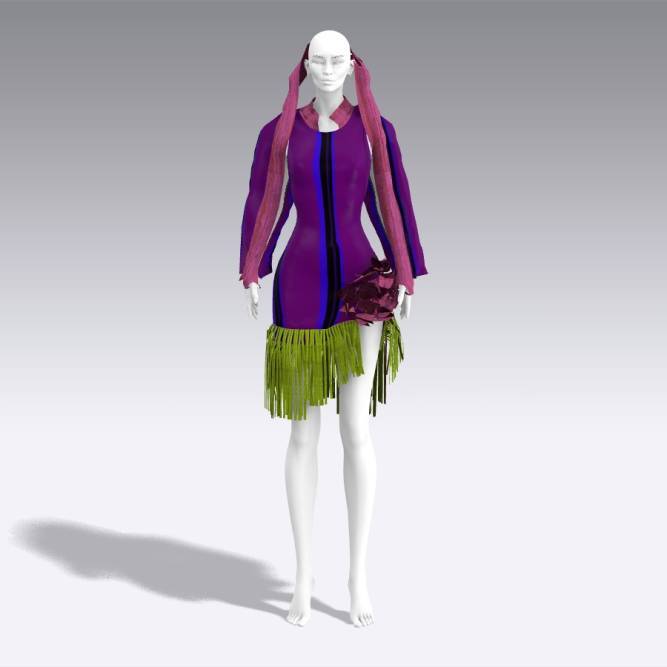 Digital fashion model wears purple dress with green fringe detail at bottom