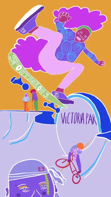 Illustrated figure on skateboard on a skate park with the words Victoria Park 