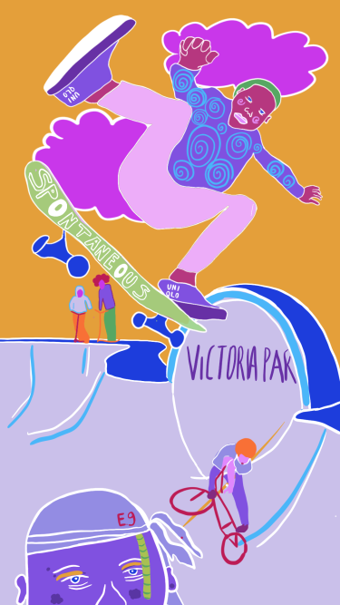 Illustrated figure on skateboard on a skate park with the words Victoria Park 
