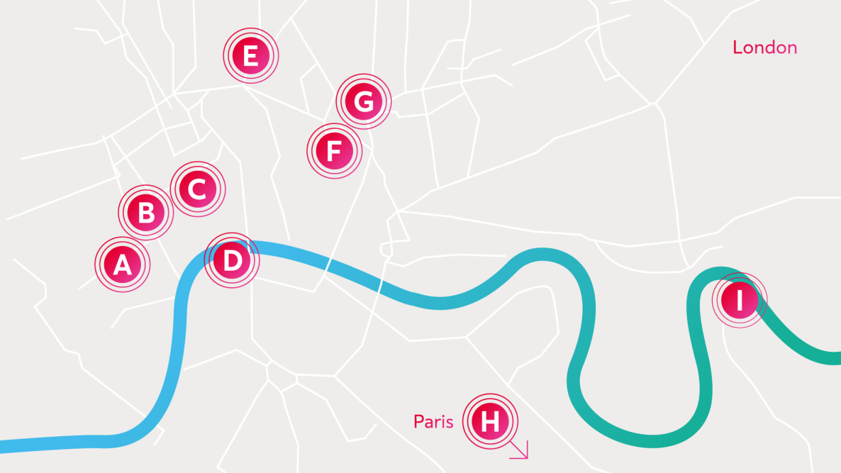 Info graphic for map of London illustrating each location for the Ravensbourne 2023 Degree Showcase