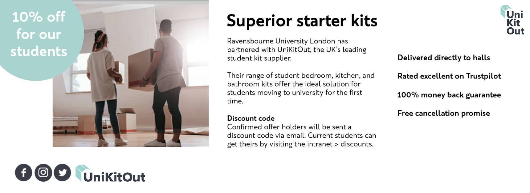UniKitOut promoting 10% discount on bedroom kitchen and bathroom kits for Ravensbourne students.