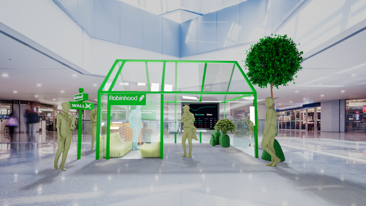 A render of a bright, eye-catching popup store in a shopping mall