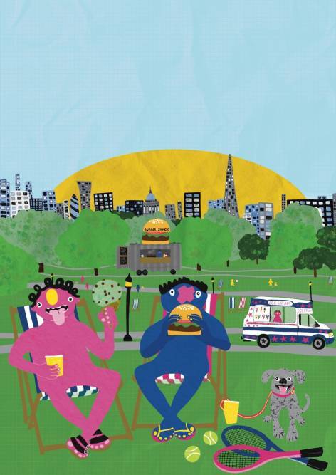 Two characters with big smiles sit in a London park