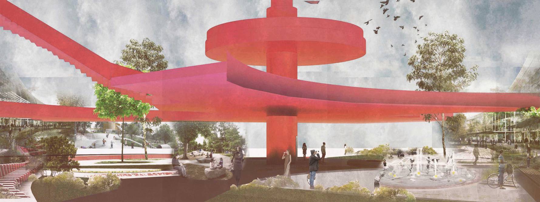 An architecture design featuring a red platform that appears to float