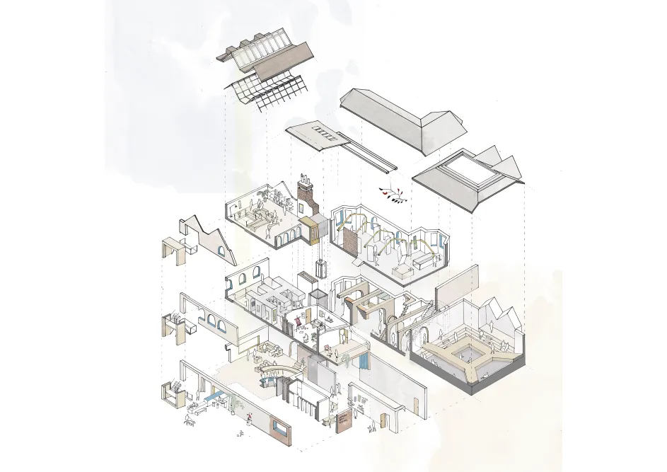 A schematic showing multiple levels of a building