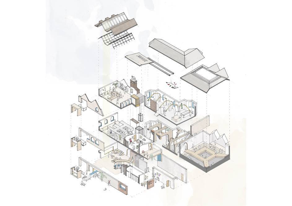 A schematic showing multiple levels of a building