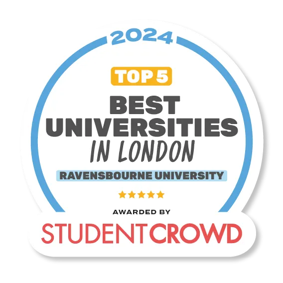 A badge stating Ravensbourne is one of the best universities in London