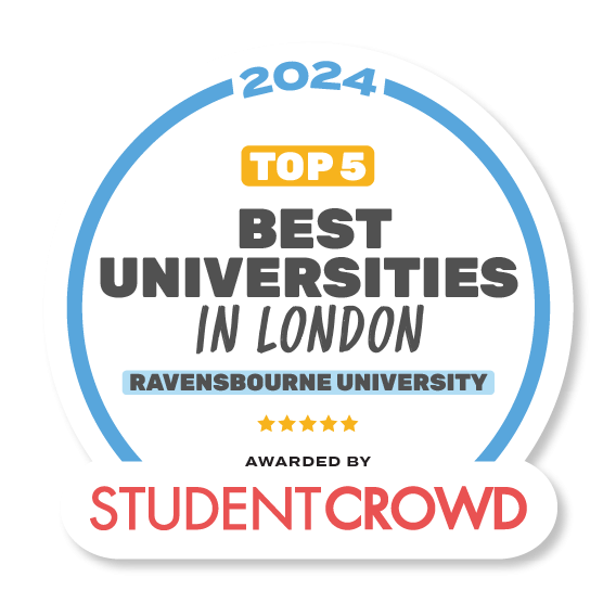 A badge stating Ravensbourne is one of the best universities in London