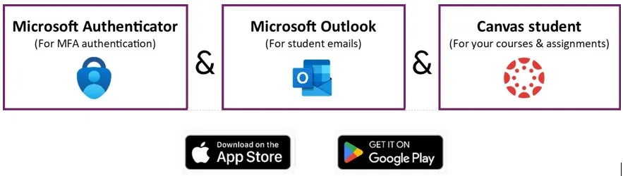 MFA app, outlook app and canvas student app