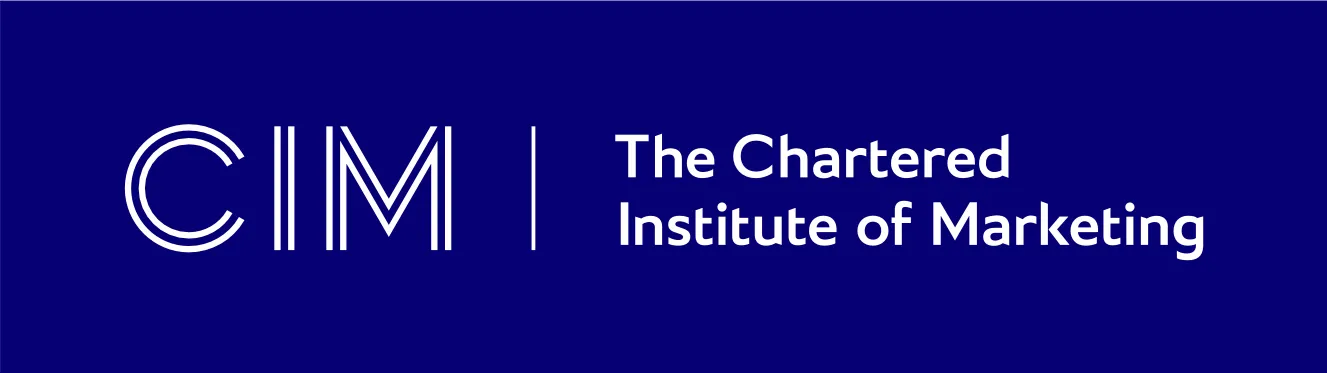 Logo for the Chartered Institute of Marketing with white text against blue background